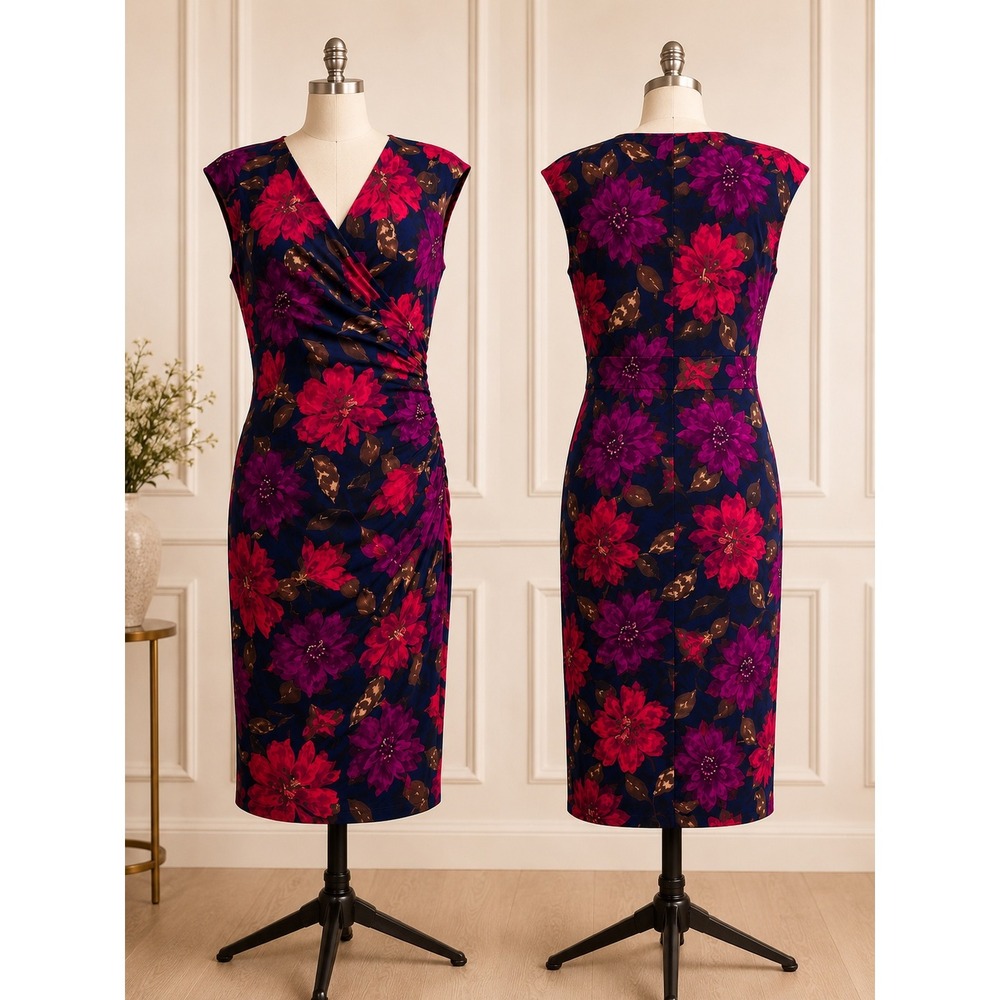 Chaps XL Navy‎ Pink Floral Ruched Sheath Dress Wedding Guest